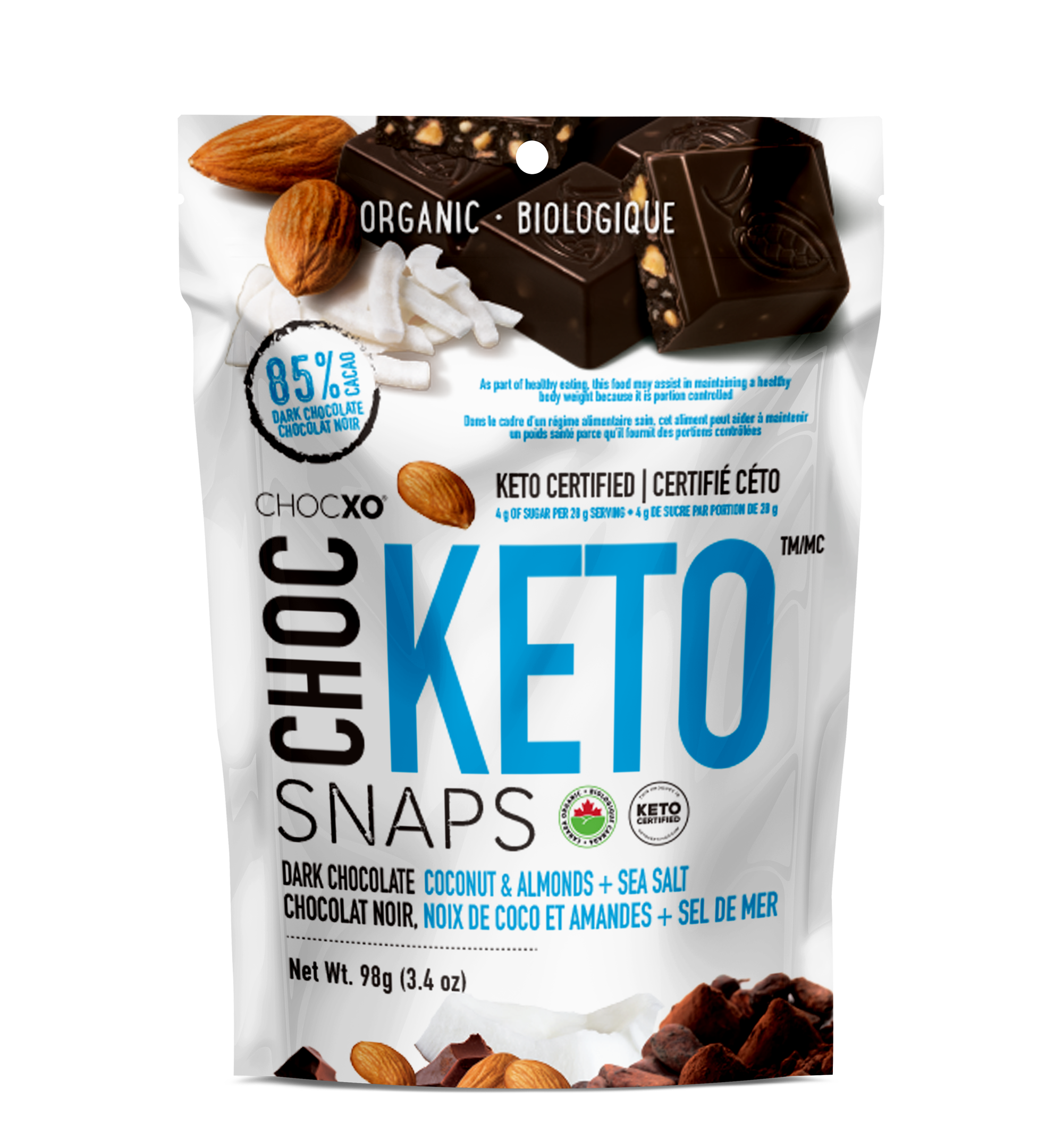 CHOCXO ORGANIC KETO SNAPS DARK CHOCOLATE COCONUT & ALMONDS