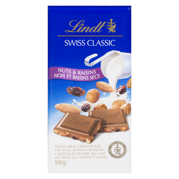 LINDT SWISS CLASSIC MILK CHOC RAISINS HASELNUTS ALMONDS