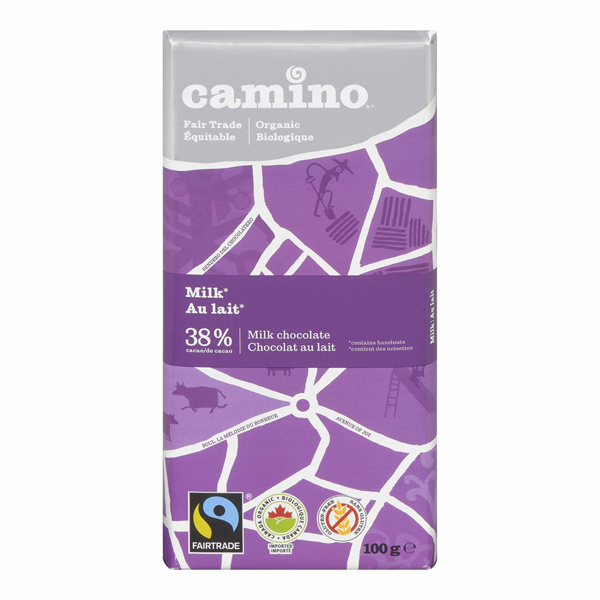 CAMINO ORGANIC 38% MILK CHOCOLATE BAR HAZELNUTS