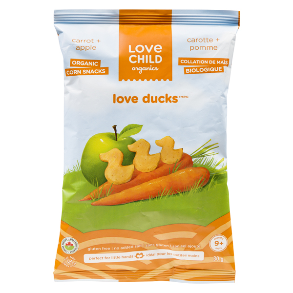 LOVE CHILD ORGANIC CARROT & APPLE LOVE DUCK CORN SNACKS